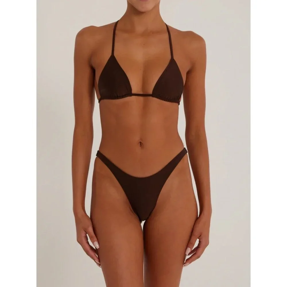 SAME Los Angeles Swim Bikini Set 2Pc Triangke Top L 90s Bottom Medium Brown SZ M - Picture 1 of 16